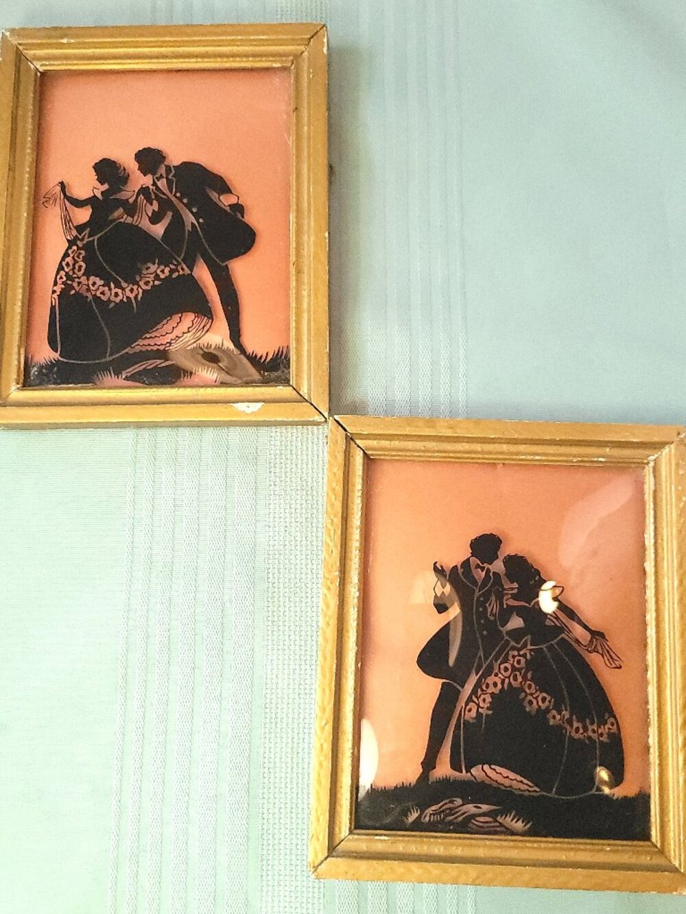 1930s Silhouette Reverse Glass Painting Pair Gold Framed Victorian Couple Art